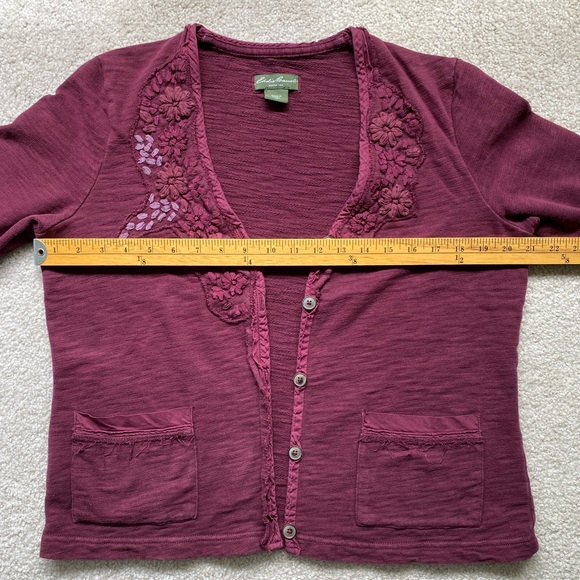 Eddie Bauer burgundy cardigan with embroidered flowers Size large petite - Picture 5 of 6